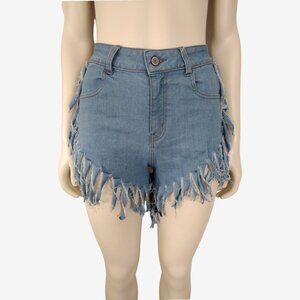 La Bijou Blue Light Mid Wash Curved Hem Fringe Trim Stretch Demin Shorts